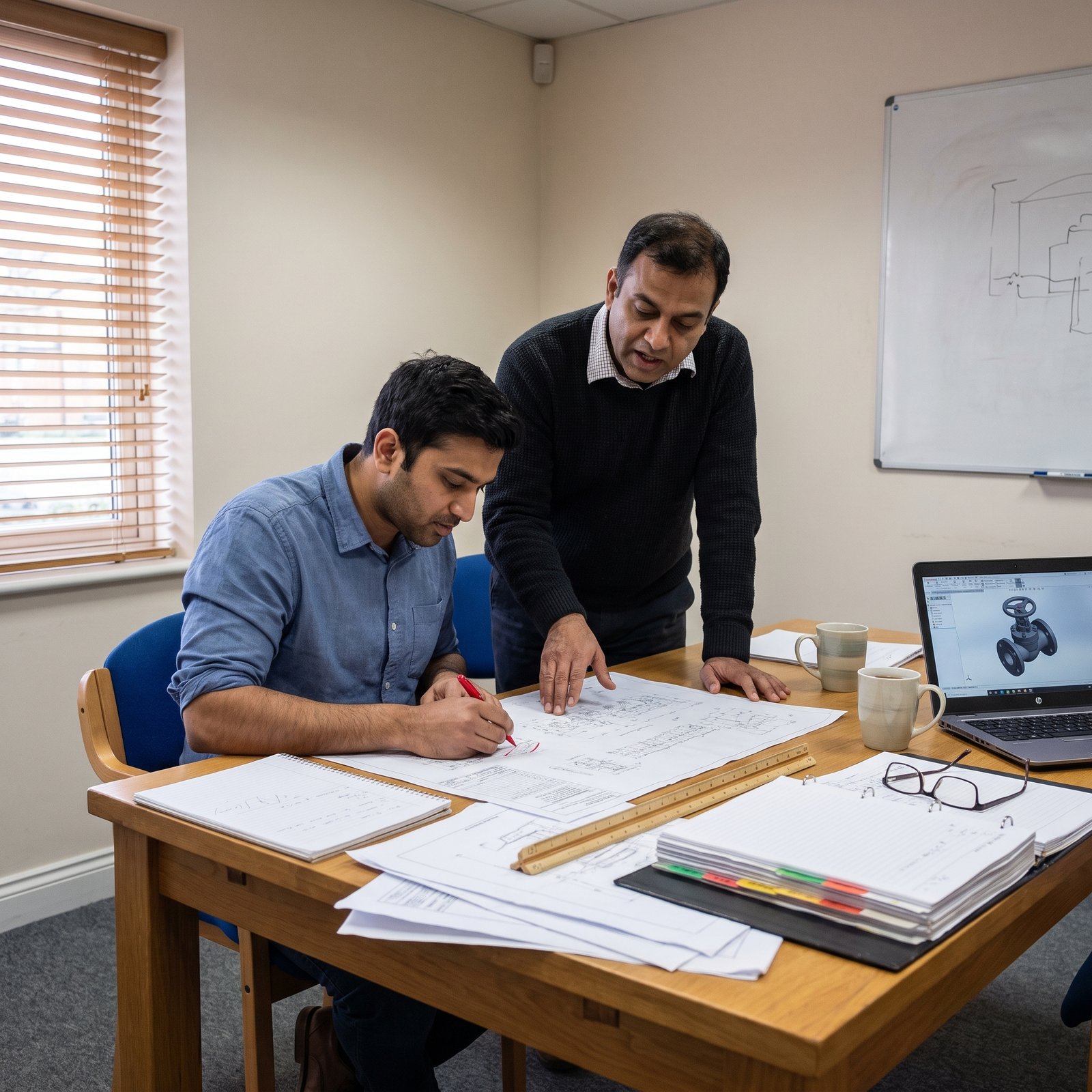 Rapid Global engineers marking up a valve general-arrangement drawing during design review