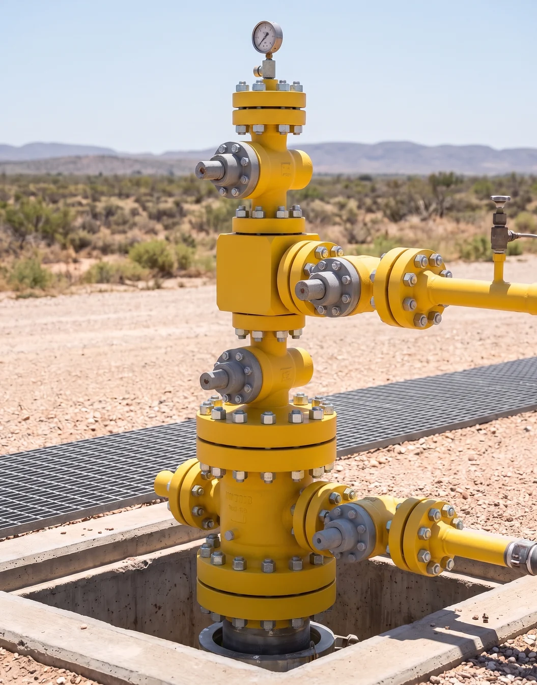 API 6A wellhead and christmas tree assembly installed on a well pad