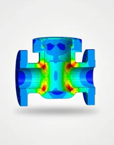 FEA stress analysis of a valve body under internal pressure, showing stress concentration at the wall