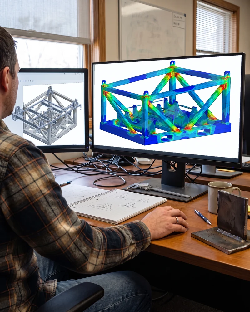 Engineer running finite element stress analysis on a welded offshore transport frame, with the CAD model open alongside