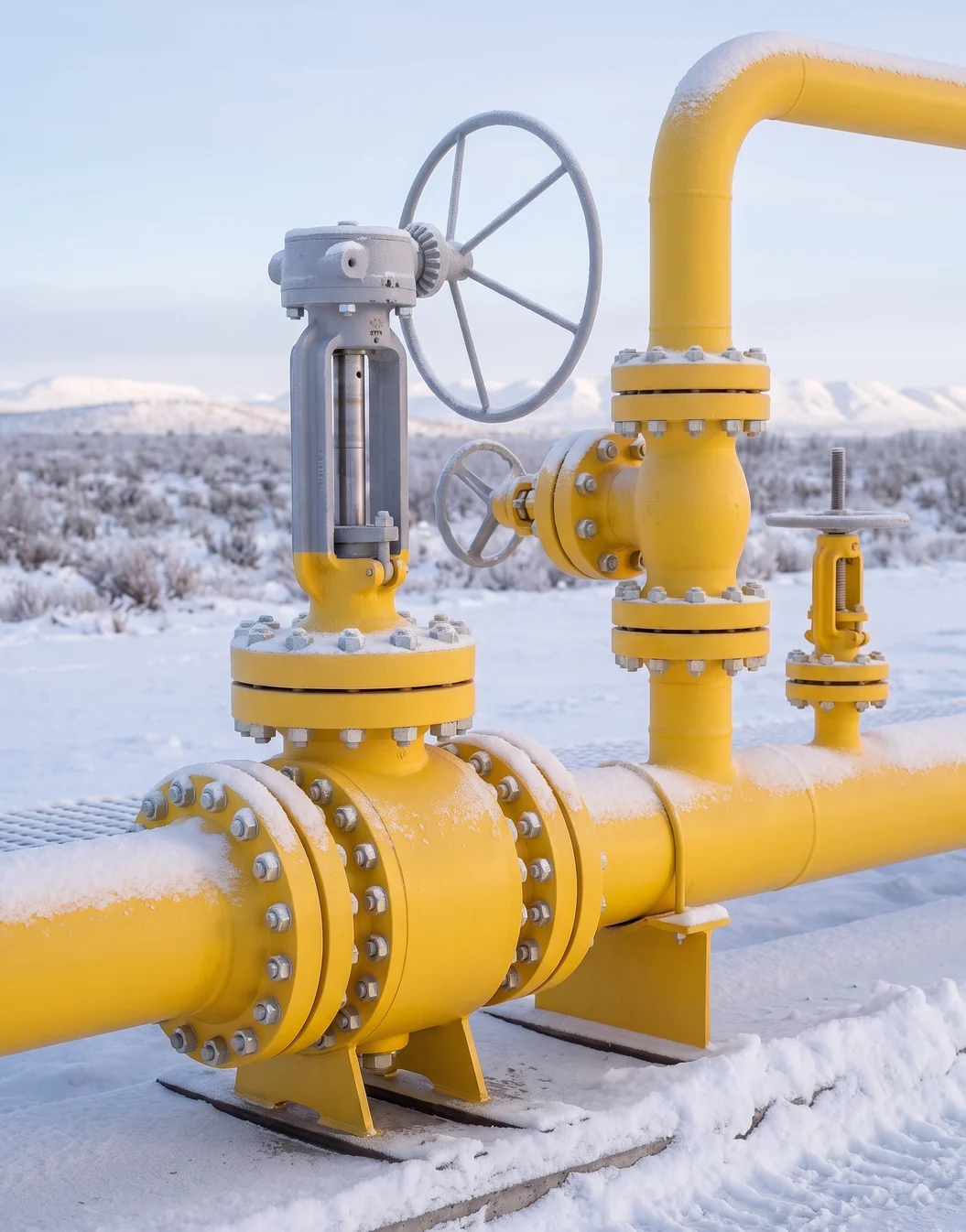 Flanged pipeline gate valve and process valves on an above-ground pipeline