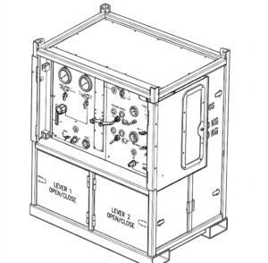 Isometric line drawing of a skid-mounted wellhead control panel with pressure gauges, control levers and lifting frame