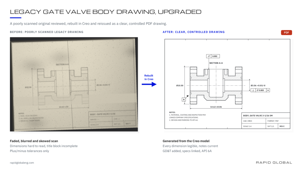 Poorly scanned legacy gate valve body drawing next to the same body redrawn in Creo as a clear, controlled PDF drawing