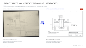 Poorly scanned legacy gate valve body drawing next to the same body redrawn in Creo as a clear, controlled PDF drawing